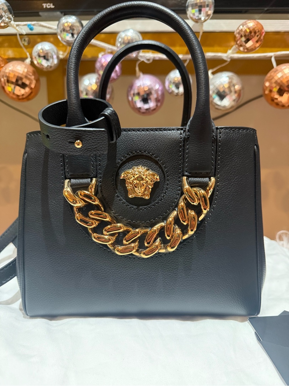 Versace Black Leather Satchel with Gold Medusa Chain